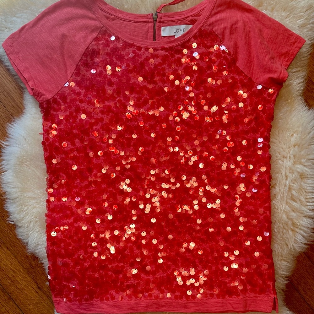 LOFT Petite Small Sequin Red Top, Melon, NWOT - Picture 2 of 5